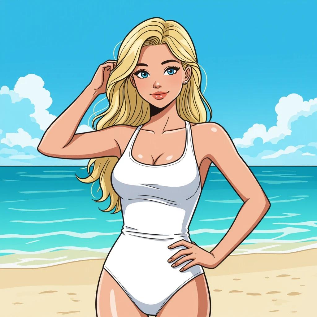 Young woman with long blonde hair wearing a white swimsuit stands confidently on the beach. Right hand is brushing through her hair while left hand rests on her hip. The background features clear blue skies and ocean waves in a comic style with bold outlines.