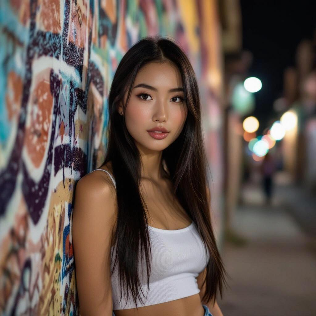 Full-body photo of a young East Asian girl in urban setting at night. She stands against a graffiti wall wearing an oversized black hoodie and biker shorts. Long black hair, almond-shaped eyes, relaxed smile. Two JDM cars with neon lights in background. Wet pavement reflecting lights, creating gritty urban vibe. Textured hoodie and realistic lighting with shadows.