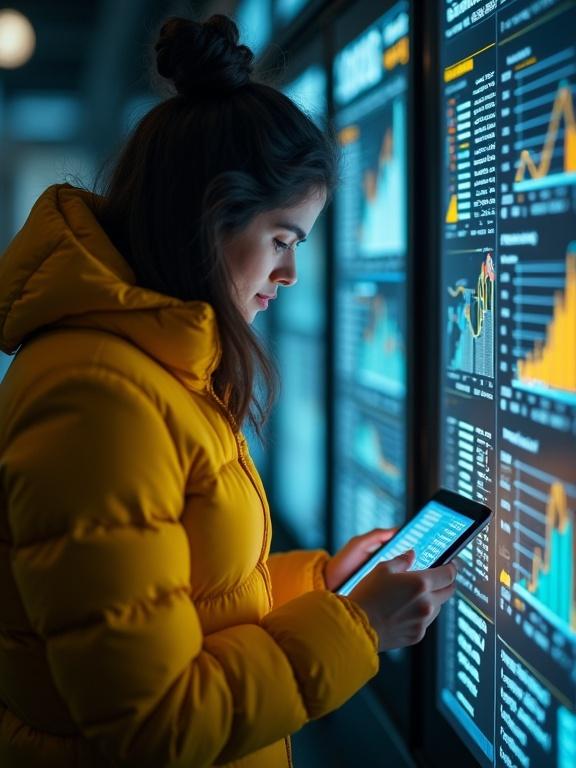 Vertical mobile image with a modern woman in a puffy yellow jacket. She interacts with a digital tablet displaying dynamic graphics. The background features vibrant financial data displays. Intense focus on data highlights technology's role in daily life. Captures a blend of fashion and digital innovation.