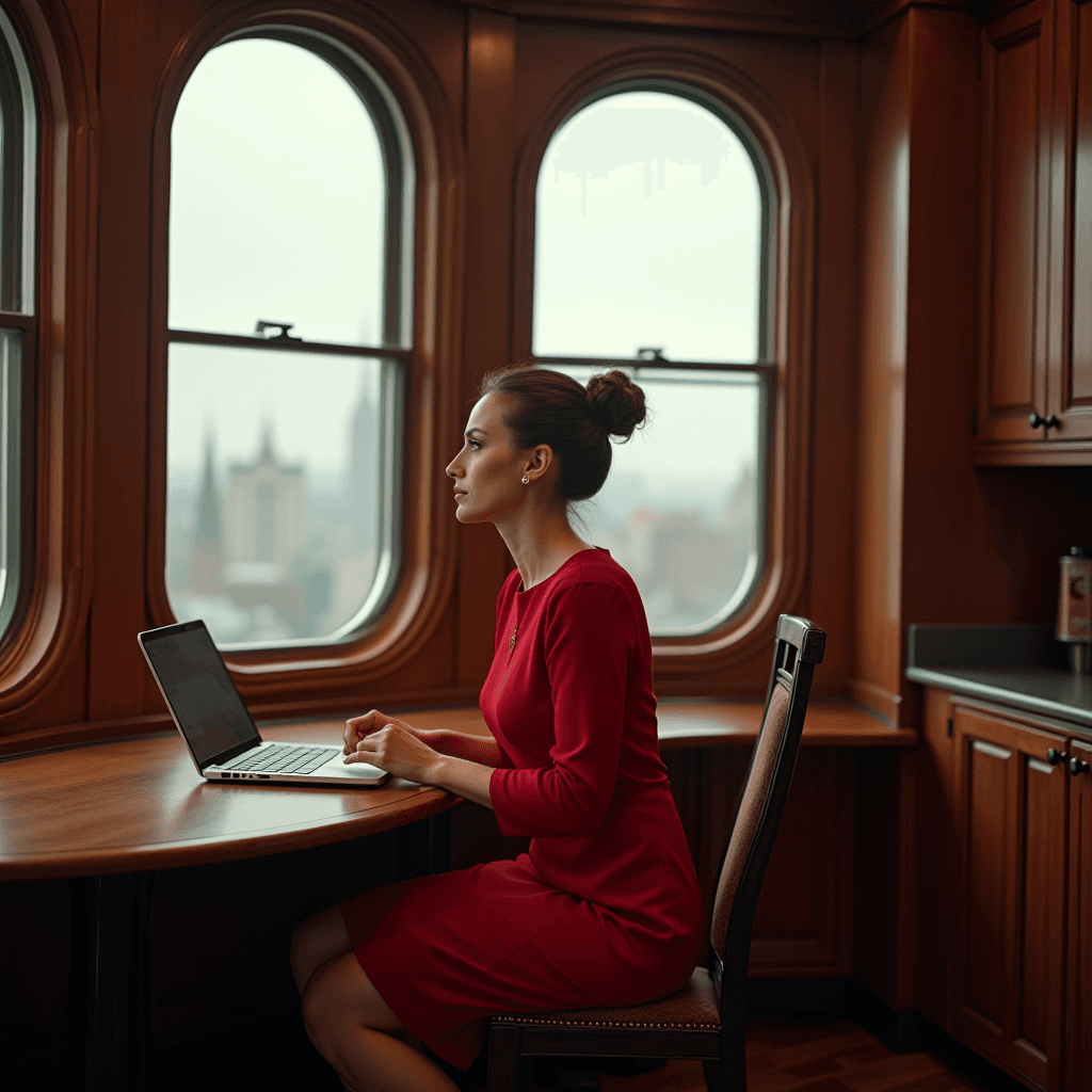 A woman in a red dress works on a laptop while gazing out a window overlooking a cityscape.