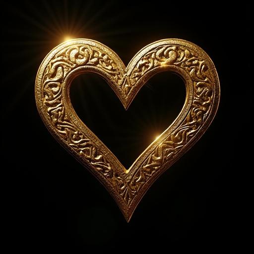 Celtic style torque in golden color. Heart shape in the center with intricate designs. Background is deep black to enhance contrast. Light reflections create a shimmering effect.