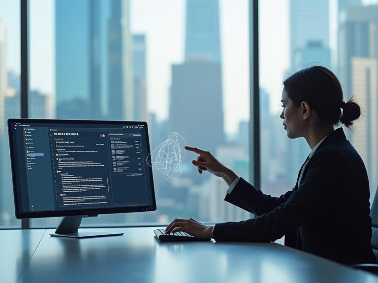 A clean desk in a modern conference room. A person in business attire focuses on a computer screen displaying AI Committee Discourse Forum. One hand points at a holographic graph above the desk. A blurred city skyline is visible through the glass wall.