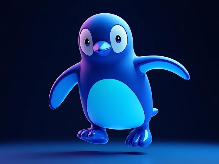 Vibrant ultra-realistic highly-detailed 3D swimming penguin in neon blue and dark blue colors against a dark background. High contrast abstract piece.