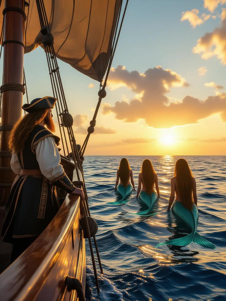 Christopher Columbus gazes at mermaids. Three mermaids swim in the sea behind his ship. Calm sea at sunset creates a magical atmosphere. The scene reflects historical exploration and mythical themes.