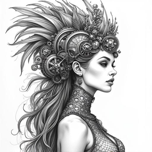 Highly detailed black and white sketch-style line art. Beautiful woman with long curly hair. Wears complex headdress blending organic and mechanical elements. Includes gears and clockwork pieces. Her attire continues biomechanical theme. Ethereal and industrial style resembles intricate ink drawings with fine lines.