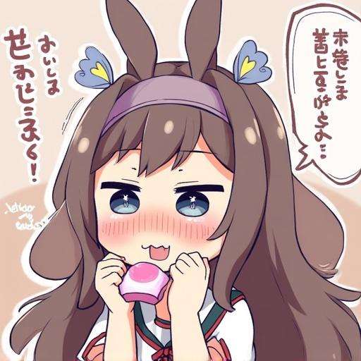A cute anime character with rabbit ears holding a dessert. The character has colorful accessories and displays a cheerful expression. Dialogue bubble shows enthusiasm for the dessert.