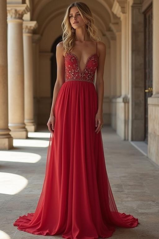 Elegant red dress suitable for attending a formal evening wedding. Graceful fabric flows elegantly. Intricate beadwork on the bodice adds sophistication. Model poses in a historical venue with arches and soft lighting.