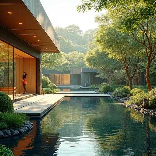 Anime style depiction of a super futuristic mega mansion in Tokyo. Oversized, modern, luxurious. Surrounded by a Japanese garden. Morning atmosphere with light gold and onyx black elements. Spring season vibes.
