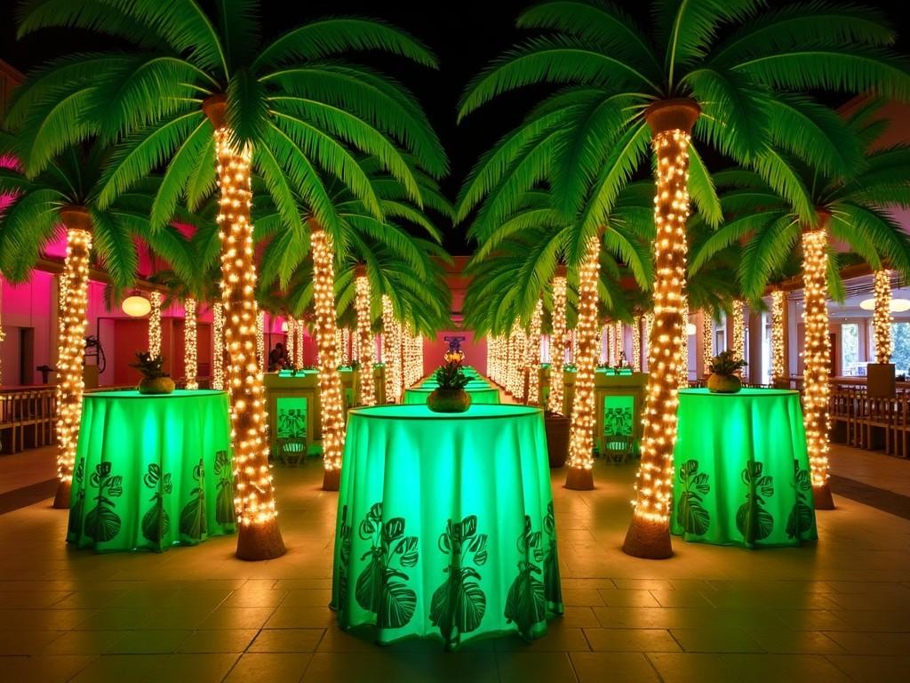 The image features a tropical-themed event setup with 10ft artificial palm trees adorned with lights. In the center, there are cocktail tables draped with vibrant green linens. Each table is decorated with leaf printed linens, adding to the botanical ambiance. The atmosphere is festive, illuminated by soft lights that enhance the palm trees. This setup is perfect for tropical parties or special events, giving a lively and inviting vibe.