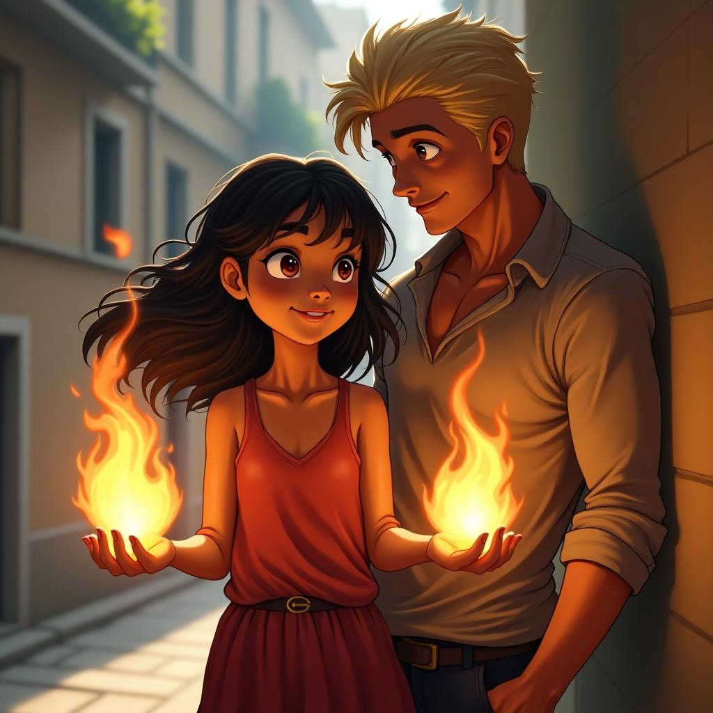 In a vivid fantasy scene, a girl with dark brown skin stands confidently with a smirk, showcasing fire in both her palms. Her hair is slightly lifted by a soft breeze, adding to her enchanting presence. Behind her, a tall man with attractive features, including blonde hair and red eyes, leans casually against a wall. He watches her with a romantic expression, mirroring her confident smirk. The backdrop hints at a charming, narrow street, enhancing the magical atmosphere. The contrast between the warmth of the fire and the lightly shaded surroundings creates a captivating visual. Both characters exude a sense of adventure and connection.