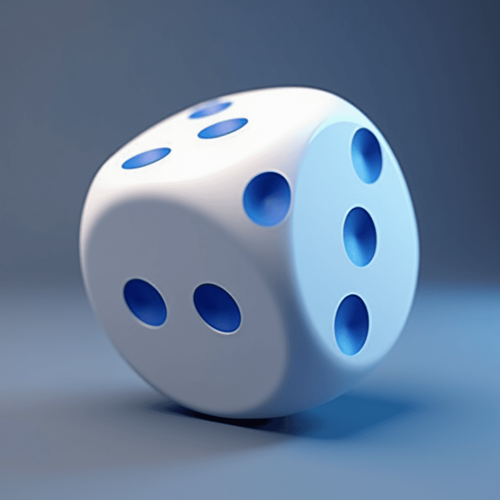 A close-up of a white die with blue pips on a blue background.