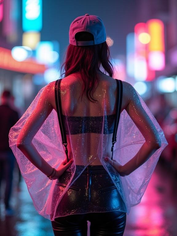 Woman wearing unique outfit stands in a neon-lit street. Hands on hips. Exhibits modern urban fashion with a plastic poncho. Backview captures stylish atmosphere.