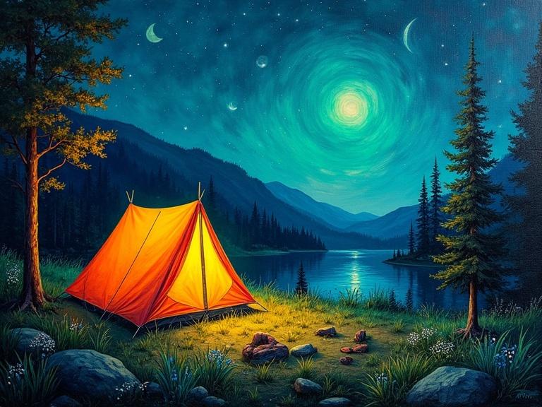 3D composition with oil painting on canvas shows a nighttime camping scene in wild nature. Features a bright orange tent near a lake under a starry sky. Impressionism and fauvism style showcases dancing colors with visible neon effects. Stunning and vibrant setting.