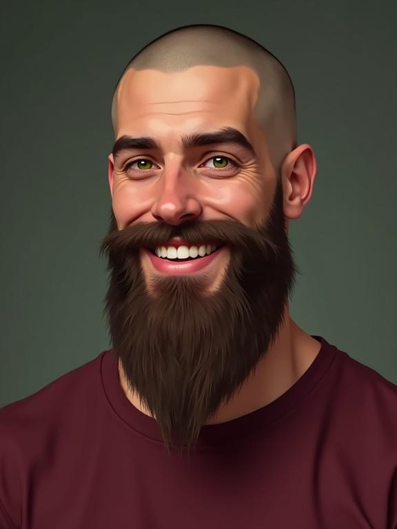 Portrait of a young man. He has green eyes and a long beard. His head is shaved. He has a friendly smile. He is wearing a maroon t-shirt. He has a muscular build.