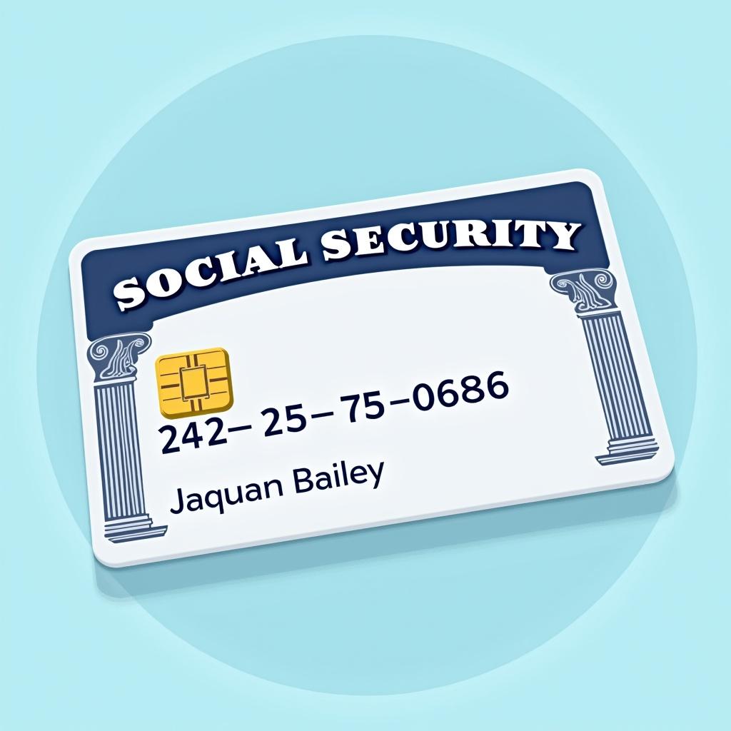 Depiction of a social security card. Prominent text 'SOCIAL SECURITY'. Key numbers '242-75-0686'. Graphic chip on card. Decorative elements indicate official nature. Soft blue background enhances appeal. Professional clean design reflecting importance of social security.