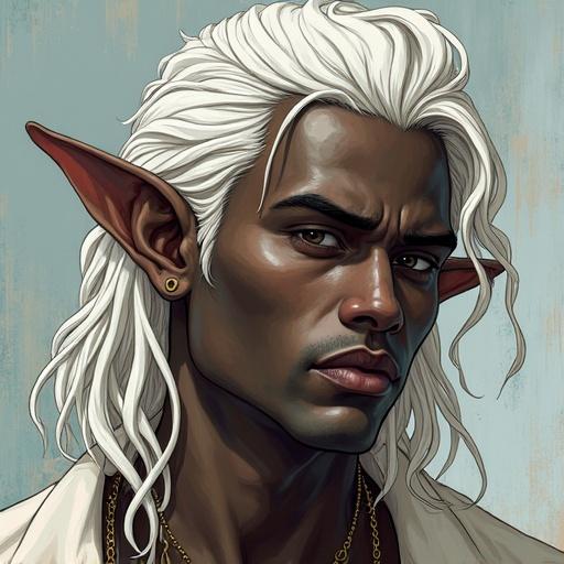 Illustrated drawing of a young man with black skin and long silver hair. He has beast horns. Set in a fantasy world. He is a demigod.