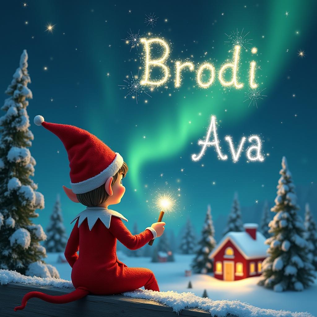 An elf with a pointed red hat sits on a wooden ledge, looking at a nighttime sky filled with shimmering Northern Lights. The elf is dressed in a bright red outfit and holds a wand, creating magical sparks. With the wand, the elf writes the name 'Brodi' in sparkling letters against the starry backdrop. The scene features a snowy landscape, charming houses, and evergreen trees, enhancing the festive atmosphere. As the elf enjoys the beauty of the night, it also adds the names 'Alora' and 'Ava' in the sky, enriching the feeling of childhood magic and holiday spirit.