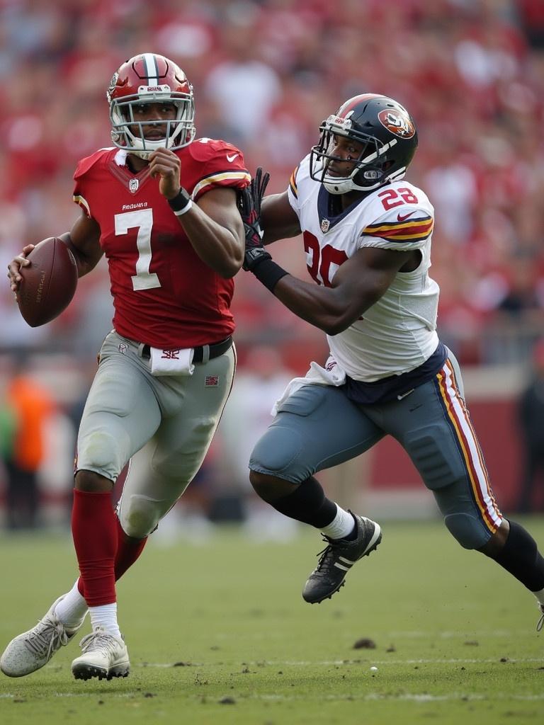 A dynamic moment capturing a quarterback under pressure from a defender during a football game. Excitement and intensity dominate the scene as the player prepares to throw the ball while being pursued.