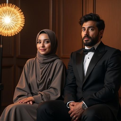 High-quality image of a hijabi woman and a man in a podcast studio. They sit together in elegant attire. The studio features stylish composition and professional lighting. Authentic cultural representation is evident. The aesthetic is modern and inviting.