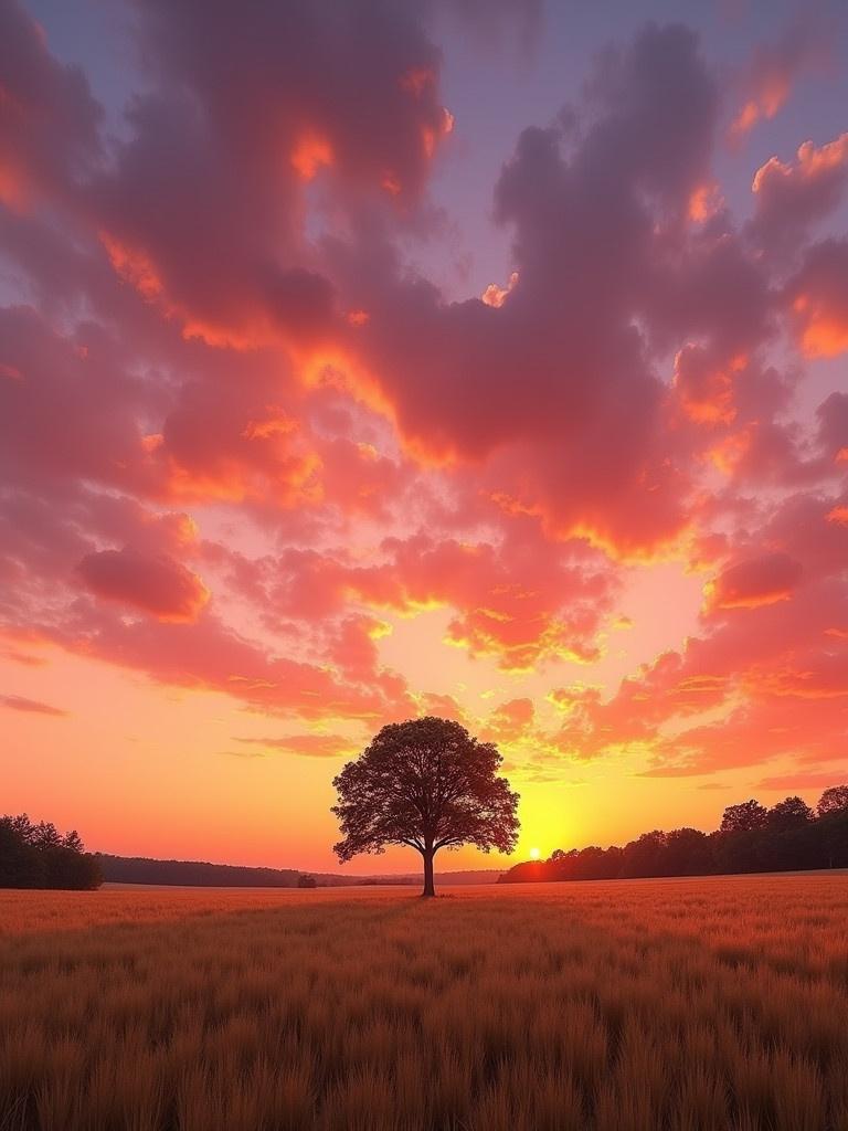 Image depicts a vibrant sunset sky painted in shades of pink and orange. Clouds spread widely creating depth. A lone tree stands at the center of a golden field. Silhouetted trees are visible on the horizon. Lighting and saturation are balanced to evoke serenity.