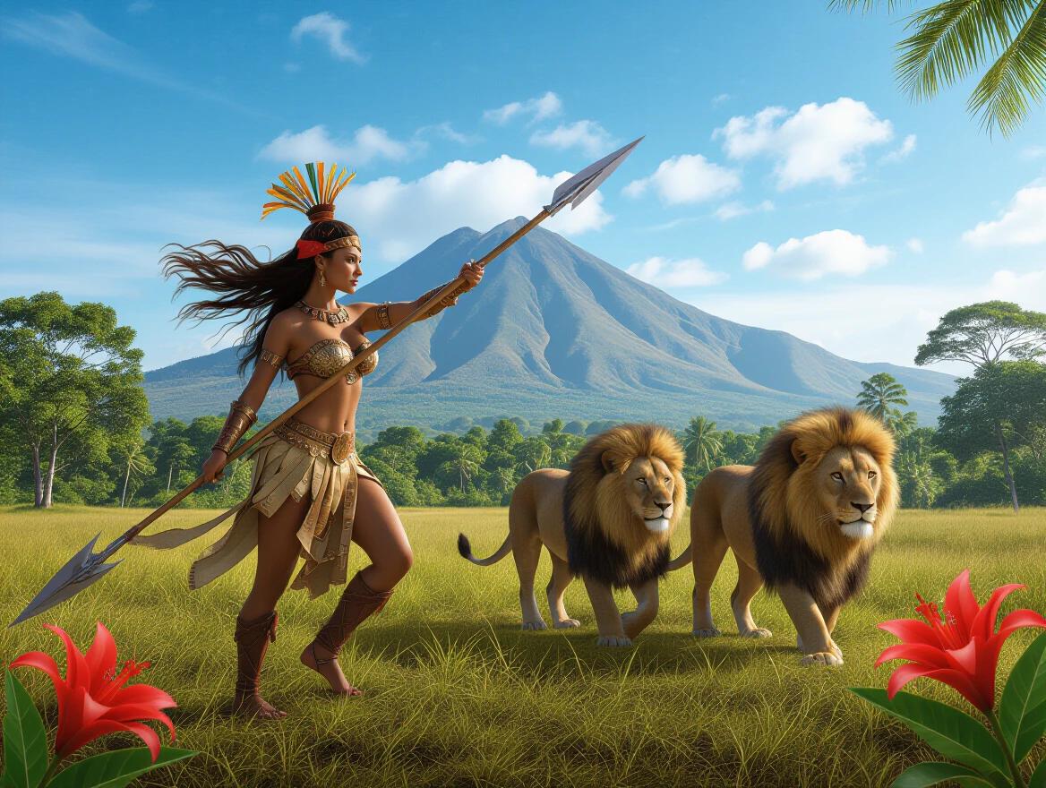 The warrior woman stands strong with a spear in hand while two lions walk beside her. The scene features a vibrant tropical landscape with large flowers, lush trees, and a majestic mountain in the background under a clear blue sky.