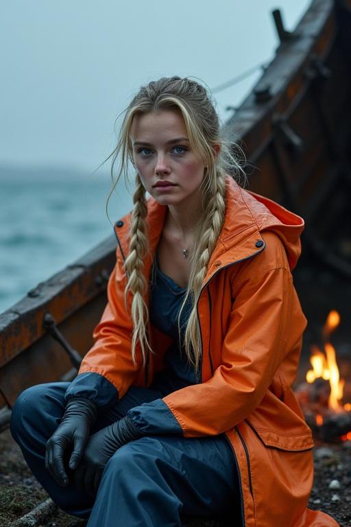 An attractive young woman with long blonde hair in pigtails sits by a campfire inside a wrecked fishing boat. She wears an orange raincoat over navy blue latex dungarees and gloves. The scene takes place on an arctic island. The atmosphere is rainy and her clothes are soaked.