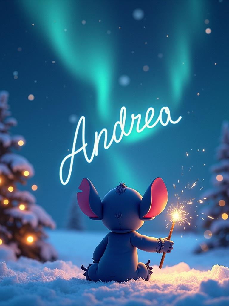 Stitch faces the sky. Stitch uses a wand to write Andrea in the sky. The background features a magical Christmas scene. Northern lights illuminate the sky. Snow-covered trees surround Stitch. A sense of wonder and holiday cheer fills the image.