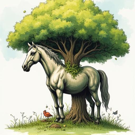 Whimsical fantasy illustration features a tree with an overgrown statue of a horse. Cartoon sketch shows a horse statue and a tree merged. A red bird and butterfly are present. Bright colors create a cheerful ambiance.