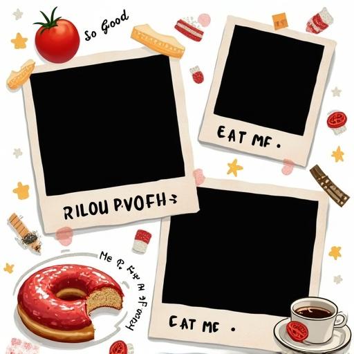 A square film-sticker-style food-themed photo collage with three irregular black photo frames overlapping slightly. Includes a bitten donut-shaped frame in the upper-left center, a jam-splatter-shaped frame in the lower-right center, and a curved-plate-view-shaped frame in the middle-left. White background with retro film strip borders and doodle decorations like stars, utensils, tomatoes, and coffee mugs. English text stickers like 'Eat Me', 'So Good' placed near frames. Fun and playful scrapbook aesthetic with bold black photo zones taking up most of the space.