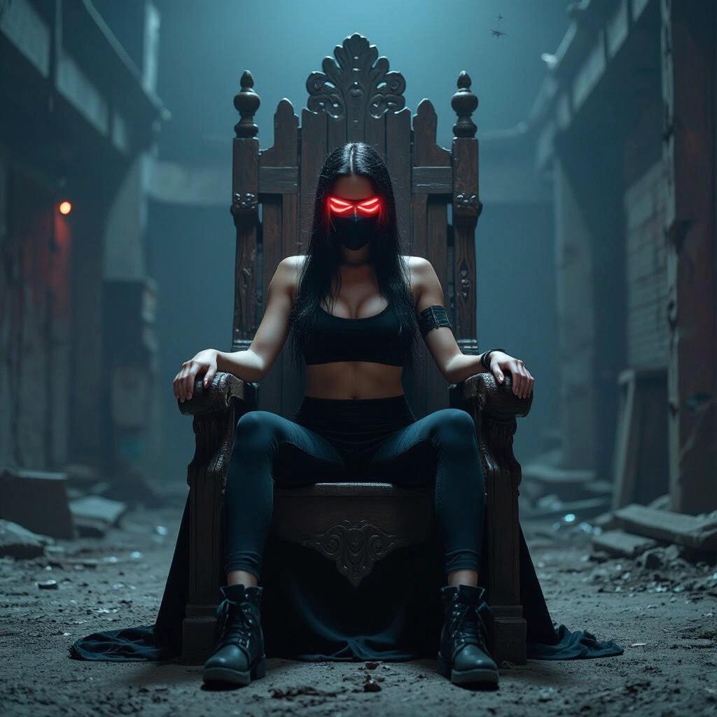 Ominous portrait captured at night in a dark neon crumbling tech warehouse. An impressive wooden throne is the centerpiece, with a high-tech masked individual sitting regally. Attire includes a tube top and yoga pants, creating a dark and mysterious atmosphere.