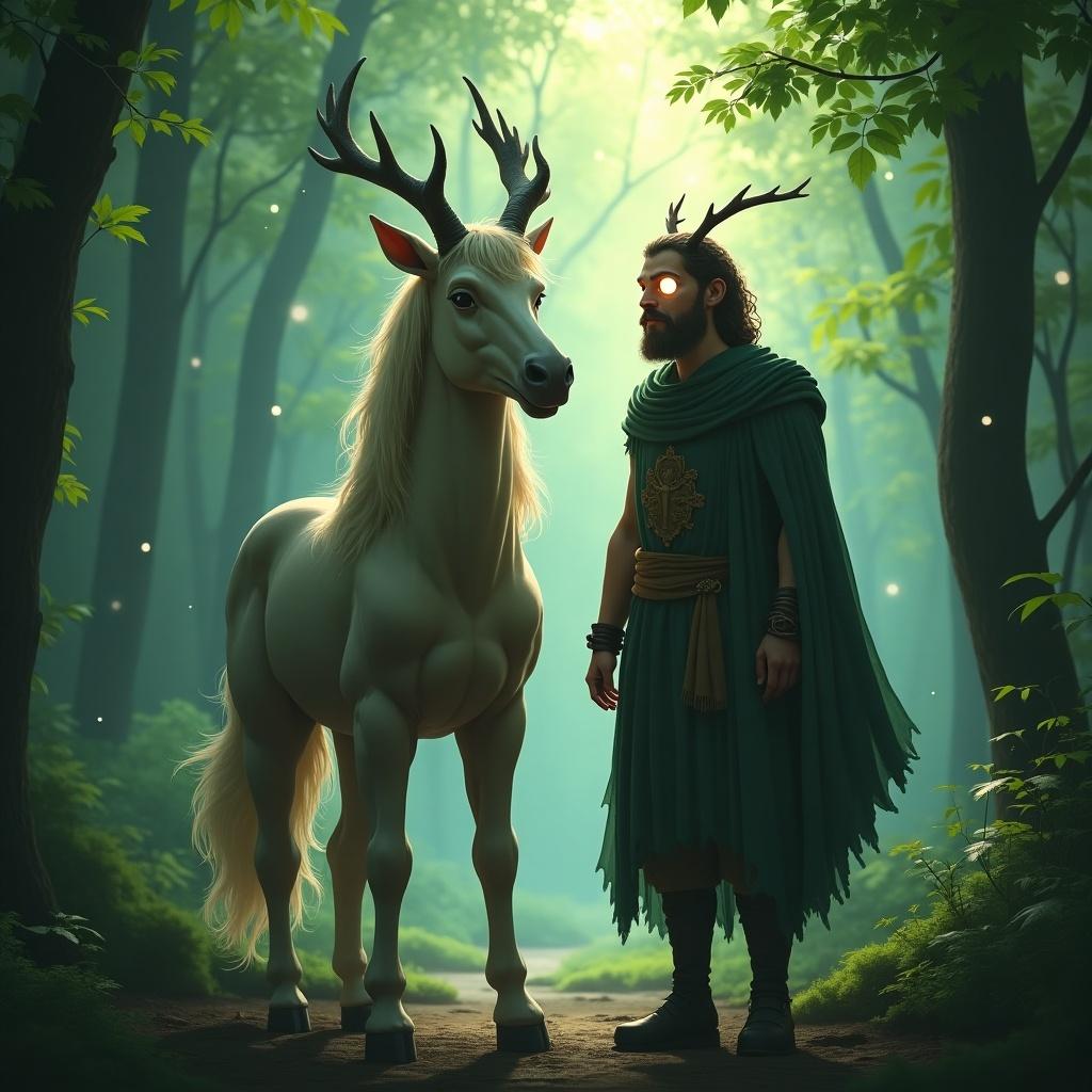 This image depicts a fantastical scene featuring a centaur and a cyclops set in a lush, enchanted forest. The centaur stands majestically with a horse's lower body and a muscular human torso, adorned with natural elements. Next to him, the cyclops has a prominent single eye on his forehead and a friendly demeanor. The surrounding forest is rich with green hues, illuminated by soft light filtering through the leaves. A sense of harmony and magic permeates the scene, inviting viewers to explore this whimsical world further.