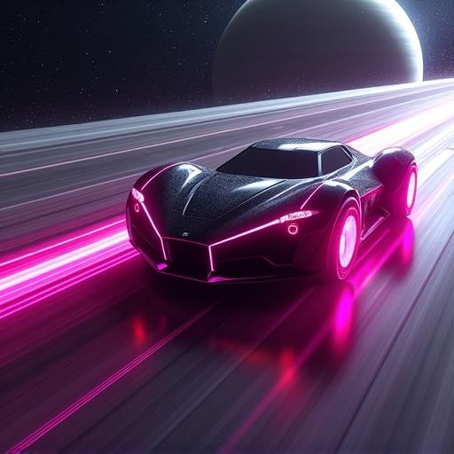 Sleek black Cybertruck with glowing magenta trim in deep space. Vehicle drifts through rings of Saturn. Dramatic lighting and particle trails create an epic cinematic scene. Camera follows from behind, showcasing intense motion blur and reflections. Highly detailed and photorealistic in 4K quality.