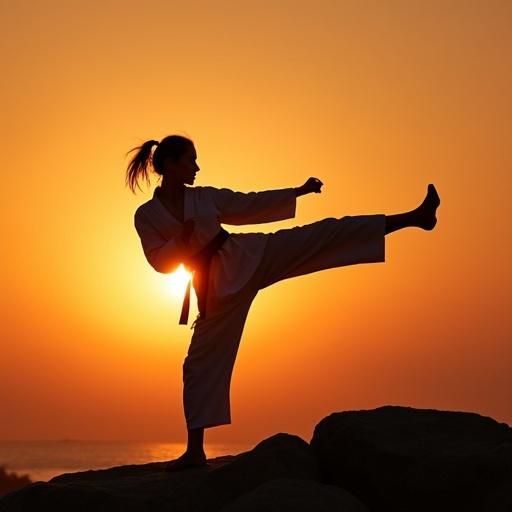 A female karate fighter does shadowboxing. She performs a hook kick in the air. She stands on a rock with a sundown background. The image captures her as a silhouette.