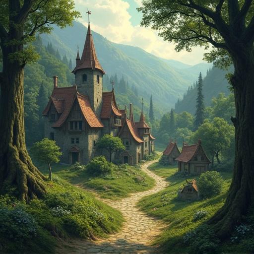 A village inhabited by elves surrounded by a lush green forest with quaint houses and a winding pathway