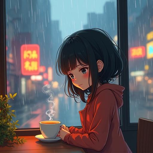 Anime girl in a cozy indoor setting enjoying coffee while rain falls outside. Colorful city lights create a vibrant backdrop. Soft, warm atmosphere with elements of anime and Ghibli style.