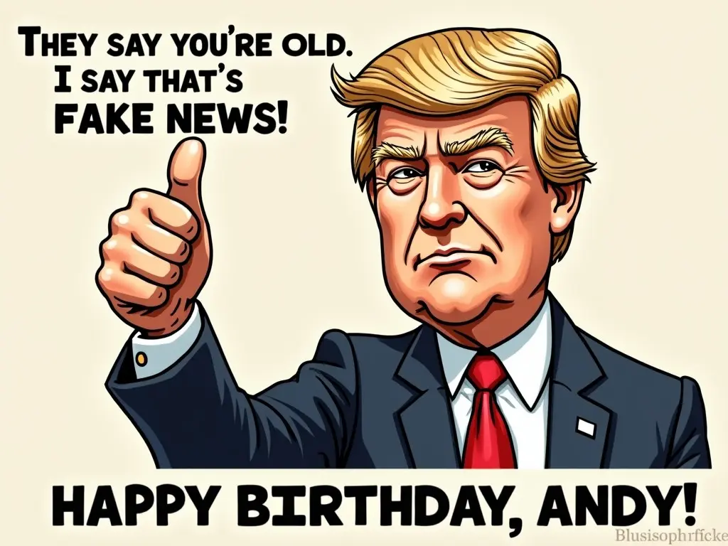 The image features a cartoon of a man with blond hair, reminiscent of a public figure, giving a thumbs up. The text above him states, 'They say you're old. I say that's FAKE NEWS!' Below, it reads, 'HAPPY BIRTHDAY, ANDY!' This image blends humor with a political reference, making it suitable for birthday greetings. The overall feel is light-hearted, aimed at evoking laughter. The use of vibrant colors complements the cheerful message, ensuring it draws attention.