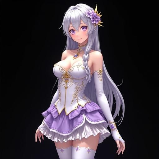 Digital photograph of a young woman cosplaying as a character from Re:Zero. Detailed white and lavender costume with gold accents. Long silver hair styled straight with a side braid and flower accessory. Lavender contact lenses and gentle smile. Outfit includes thigh-high white stockings and a frilled skirt. Background is solid black. Photorealistic style with studio lighting.