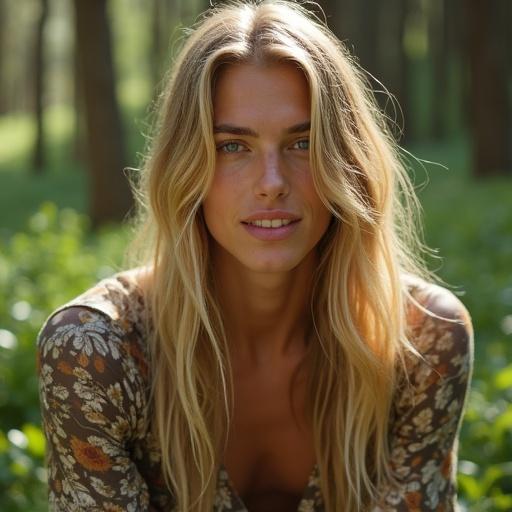 Young person with an androgynous face sits calmly in a forest wearing a floral dress. Long blonde hair shines under sunlight. Defined jawline and blue eyes with thick black eyebrows look at the viewer. Gentle smile on their face.
