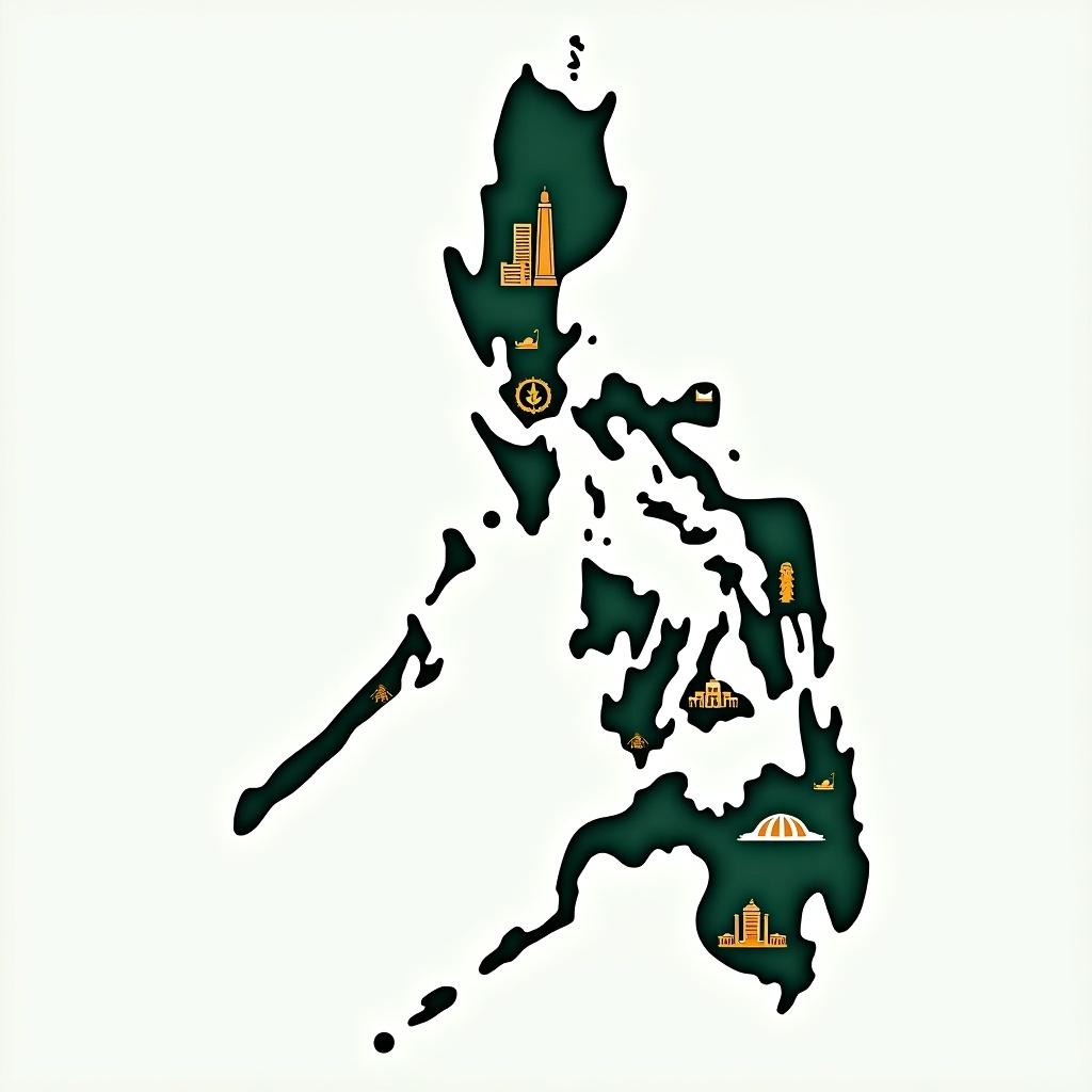 Illustration of a map showing the Philippines. Highlights Valenzuela City and the National Capital Region. Creative color palette used. Icons and landmarks shown in design. Emphasizes benefits of National Capital Region.