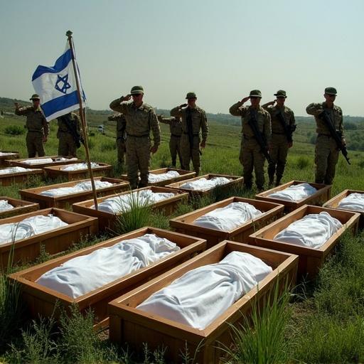 The image shows caskets in a landscape. Israeli soldiers salute. Some caskets are open and some closed. Emotions of loss can be felt from the scene. The Israeli flag is at half-mast.