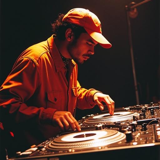 DJ Mickael Chevalier performs at the 1992 Ortofon World DJ Mixing Championships. Dynamic performance showcases turntable techniques. Bright stage lights shine on DJ and equipment. Turntables placed side by side with mixer on the right. Fast-paced action defines the atmosphere.