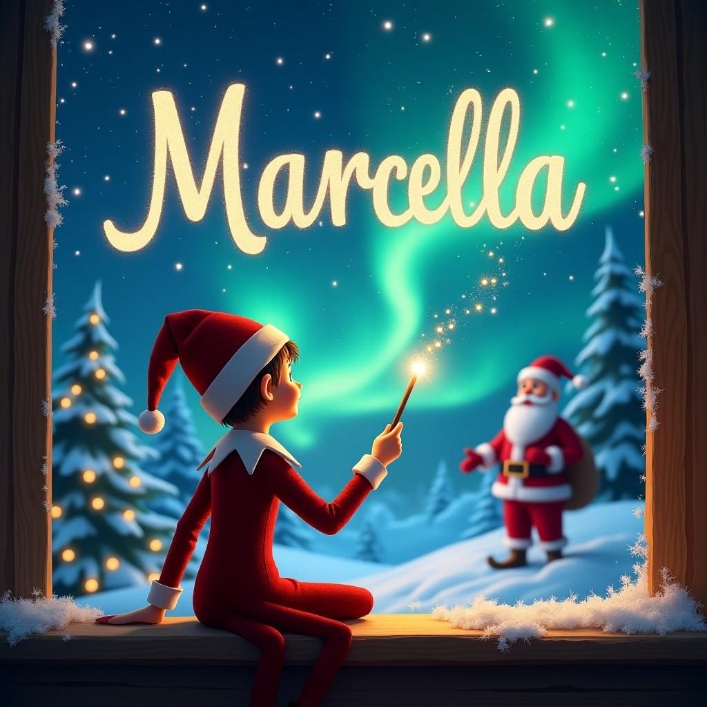 An elf on the shelf with back turned writes the name Marcella in the sky using a wand. Magical Christmas background features Santa and northern lights. Warm, inviting atmosphere highlights holiday spirit.