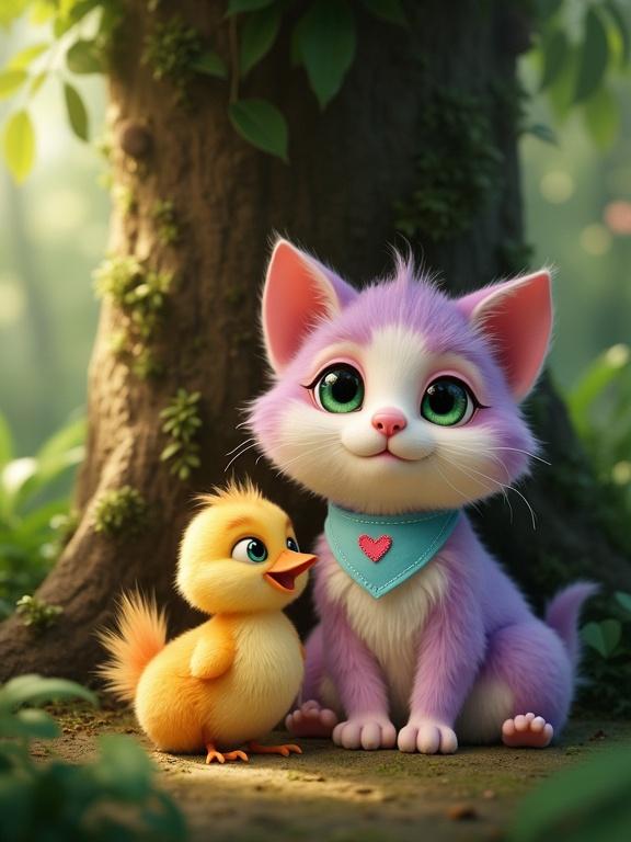 Fluffy anthropomorphic kitten with pastel pink and lavender fur is sitting next to a fluffy chick under a large tree in a jungle. The kitten has large green eyes, a blue bandana with a stitched heart, and a creamy belly. Soft sunlight filters through the leaves creating a warm atmosphere.