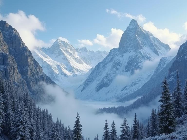 Snowy mountain landscape. Majestic peaks covered in snow. Cloudy sky above mountains. Dense evergreen forest in foreground. Serene and tranquil atmosphere. Perfect for nature lovers and outdoor enthusiasts.