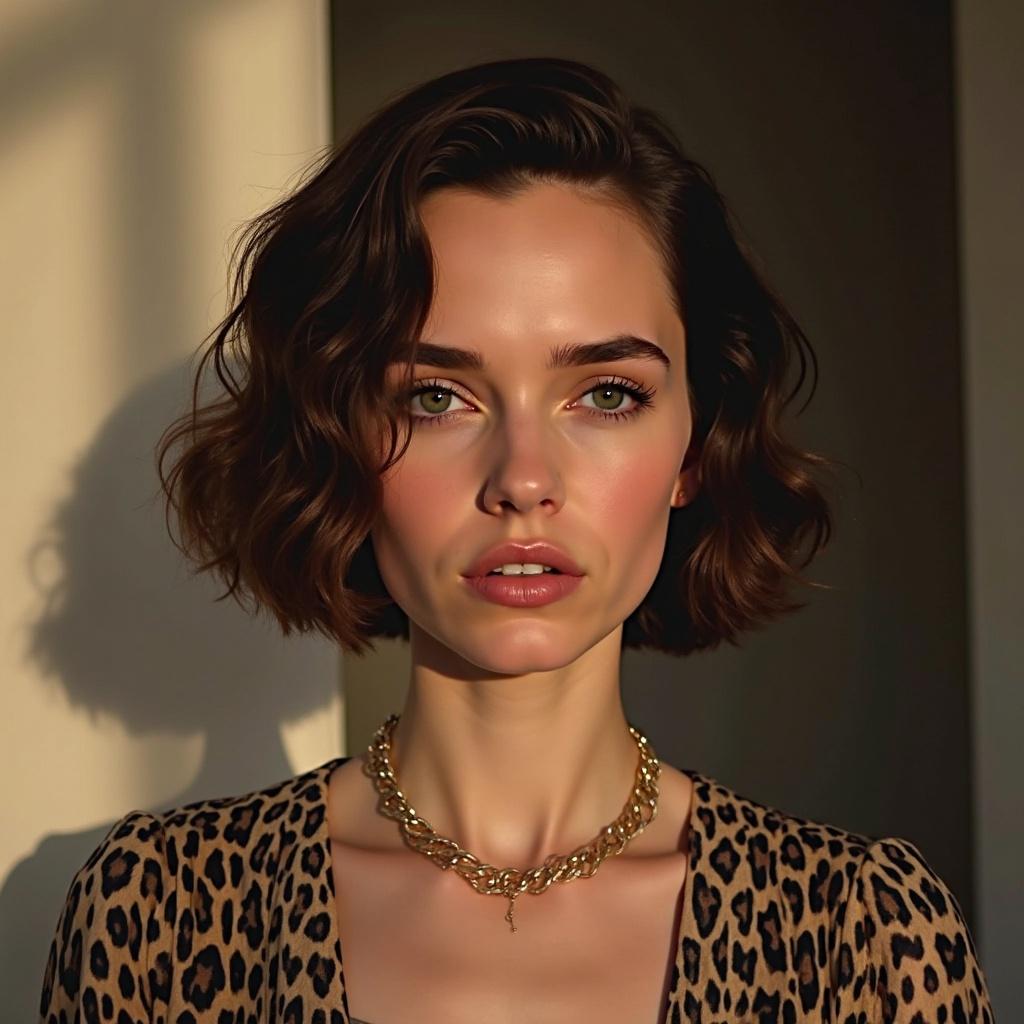 The image captures a young woman with short, wavy hair standing in soft sunlight. She wears a leopard print top and a gold chain necklace, looking intently at the camera. The warm sunlight casts gentle shadows on her face, highlighting her natural features and creating a serene and elegant atmosphere.