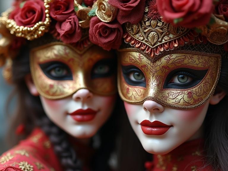 Photorealistic closeup portrait featuring a carnival theme in Venice. Two women wearing intricately designed Venetian masks. Rich ornamentation and vibrant colors evoke a mysterious and whimsical atmosphere. Detailed facial expressions like enchanting allure and charm.