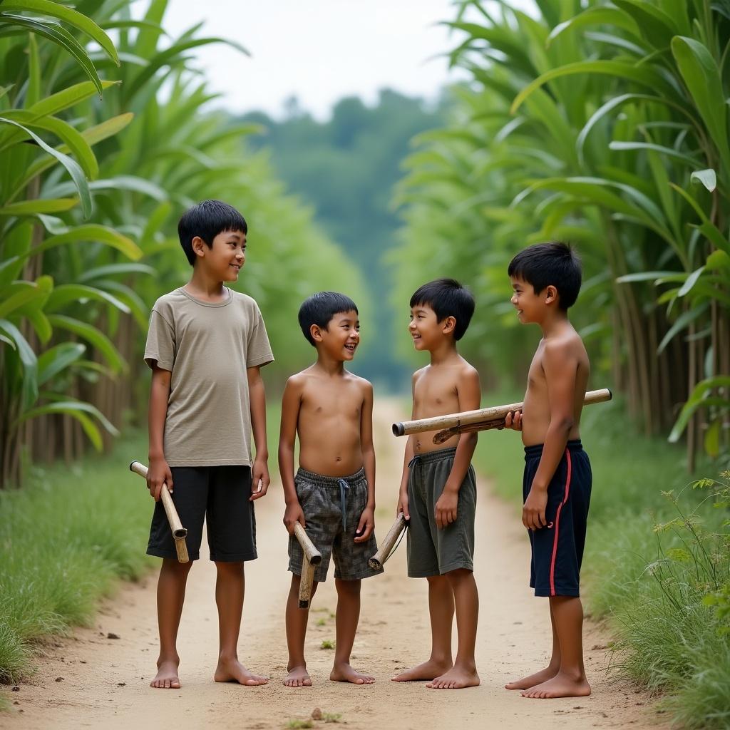 Group of young boys stand on dirt path. They are near dense mangrove forest. One boy wears simple T-shirt and shorts. He invites another boy to play with homemade slingshots. The boys appear playful amidst lush greenery.
