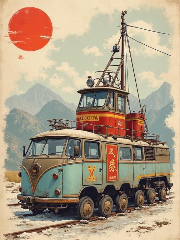 Catalogue cover design showcasing a vintage vehicle. The vehicle features a turquoise color with unique details. There is a red sun in the background with mountains. Convey a retro and nostalgic feel.