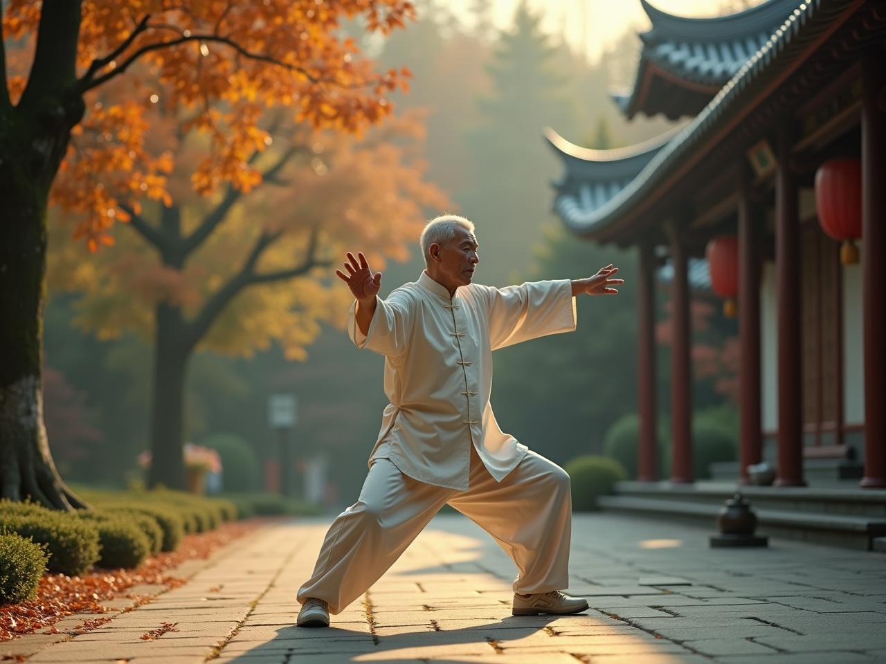 A cinematic image captured from an aerial point of view, showcasing an elderly practitioner engaged in Tai Chi Chuan. The wide frame reveals a serene setting, emphasizing the fluidity and grace of the movements. The practitioner's improved balance and flexibility are highlighted, illustrating the health benefits gained from regular Tai Chi practice. The scene evokes a sense of tranquility and focus, rendered in hyper-realistic detail, as if shot on an Arriflex camera. The overall atmosphere promotes well-being and mindfulness through the art of Tai Chi.