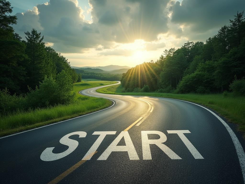 A winding road curves through a lush green landscape, flanked by dense trees and a dramatic sky. Rays of sunlight peek through the clouds, hinting at a new beginning. The asphalt road is marked with a clear sign that says "START". In bold letters, the phrase "YES, YOU CAN" is added, symbolizing motivation and determination. This scene conveys a sense of adventure and the promise of new opportunities. The positive energy of the environment invites viewers to embark on their journey towards success and victory.